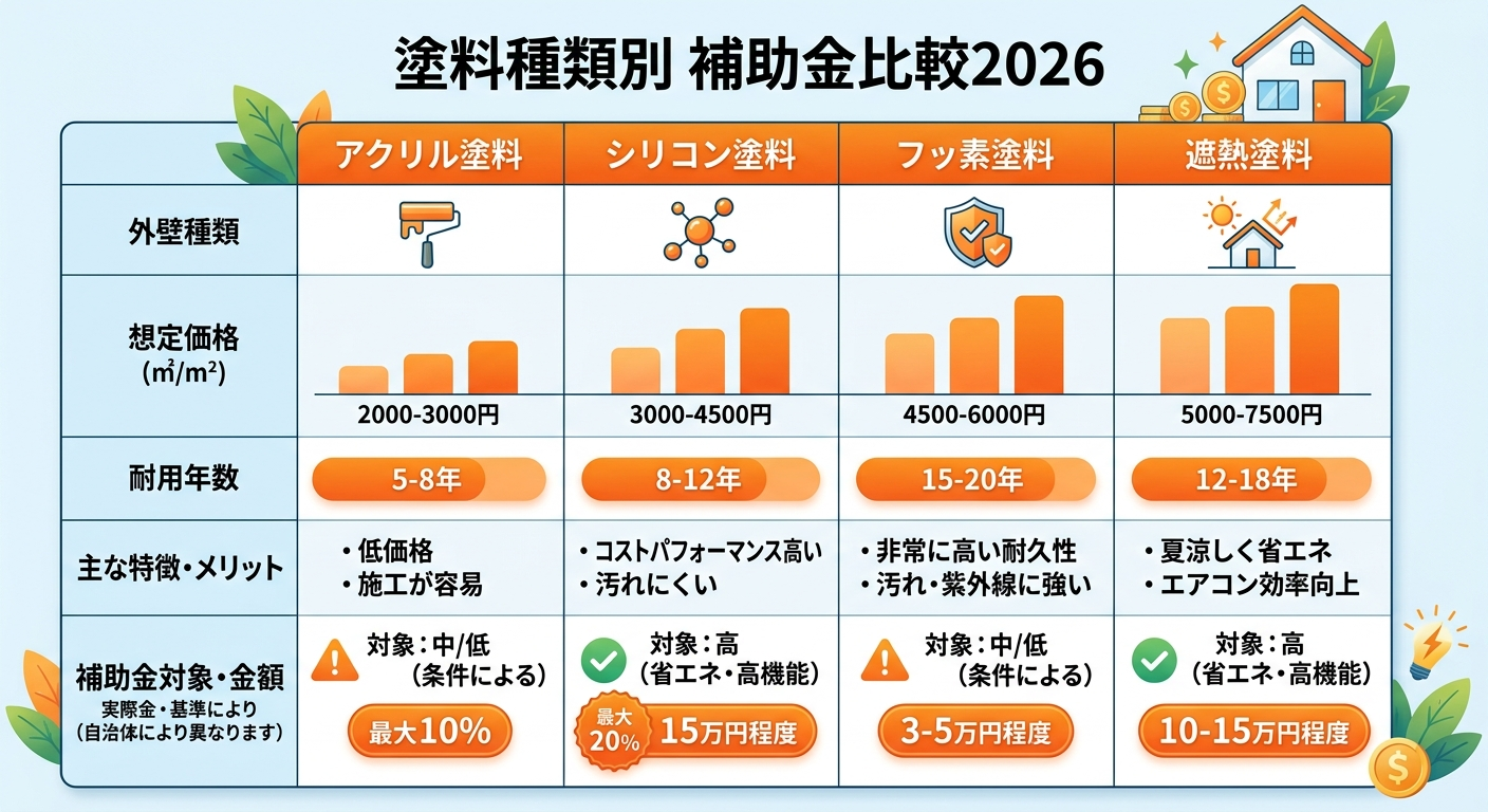 外壁塗装の種類別補助金2026｜シリコン・フッ素・断熱塗料で比較の補助金解説図