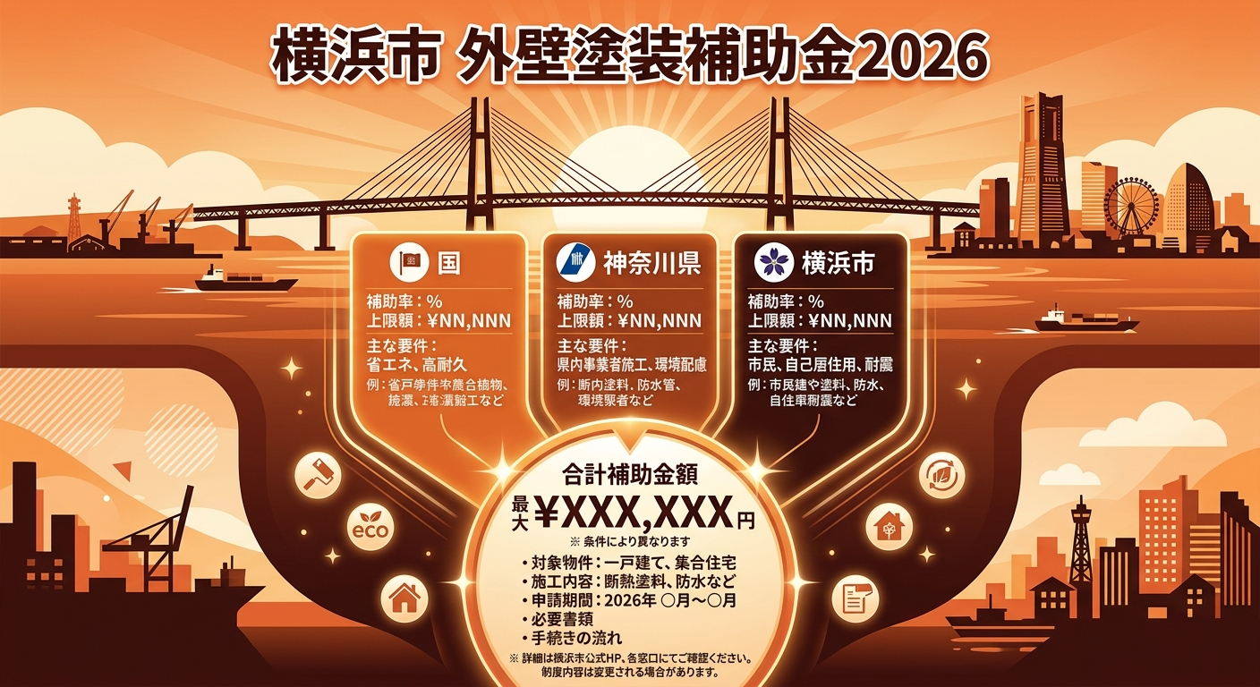 横浜市 外壁塗装補助金2026｜最大○万円の内訳と申請の補助金解説図