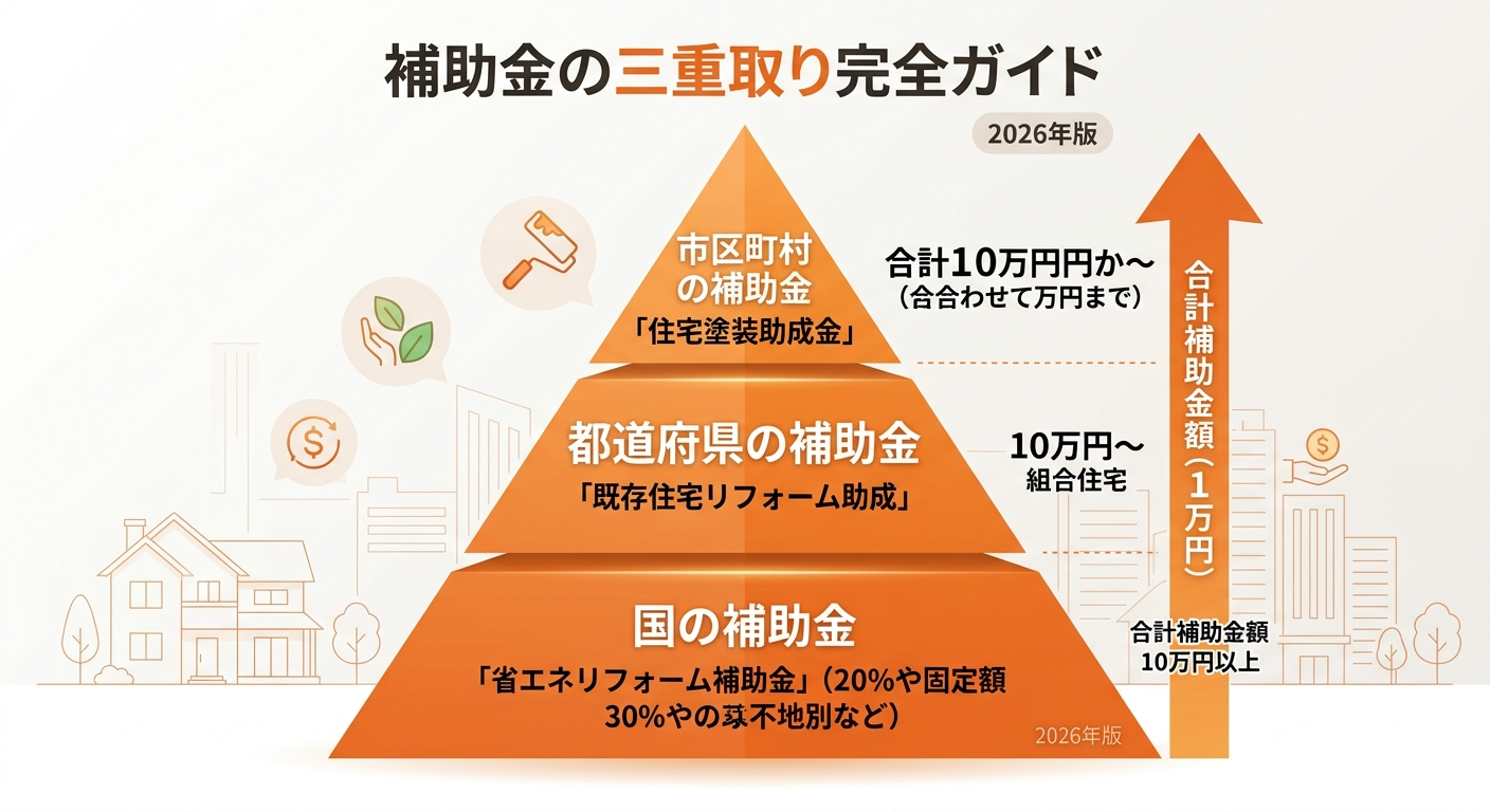 外壁塗装補助金 国＋都道府県＋市で最大いくら重ねられる？の補助金解説図