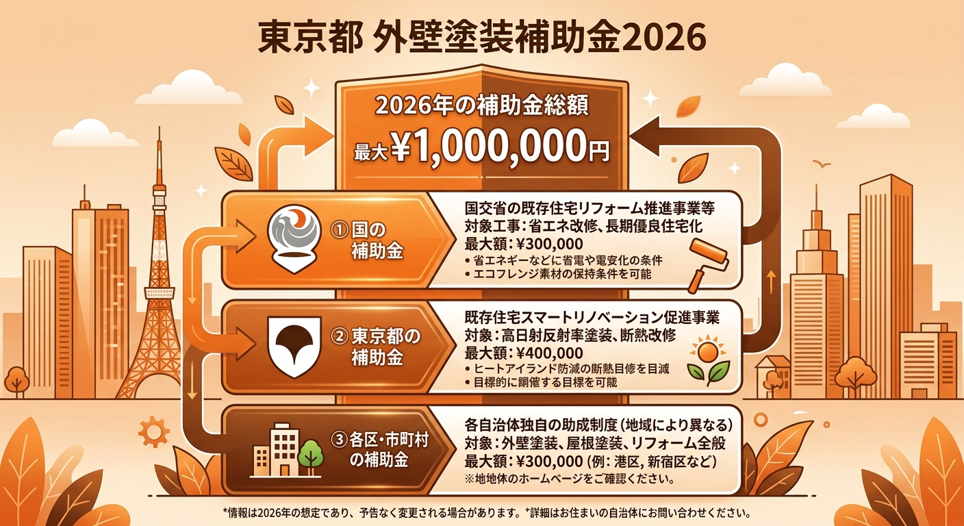 東京都 外壁塗装補助金2026｜最大○万円の申請条件と手順の補助金解説図