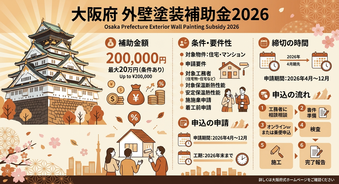 大阪府 外壁塗装補助金2026｜申請方法・条件まとめの補助金解説図