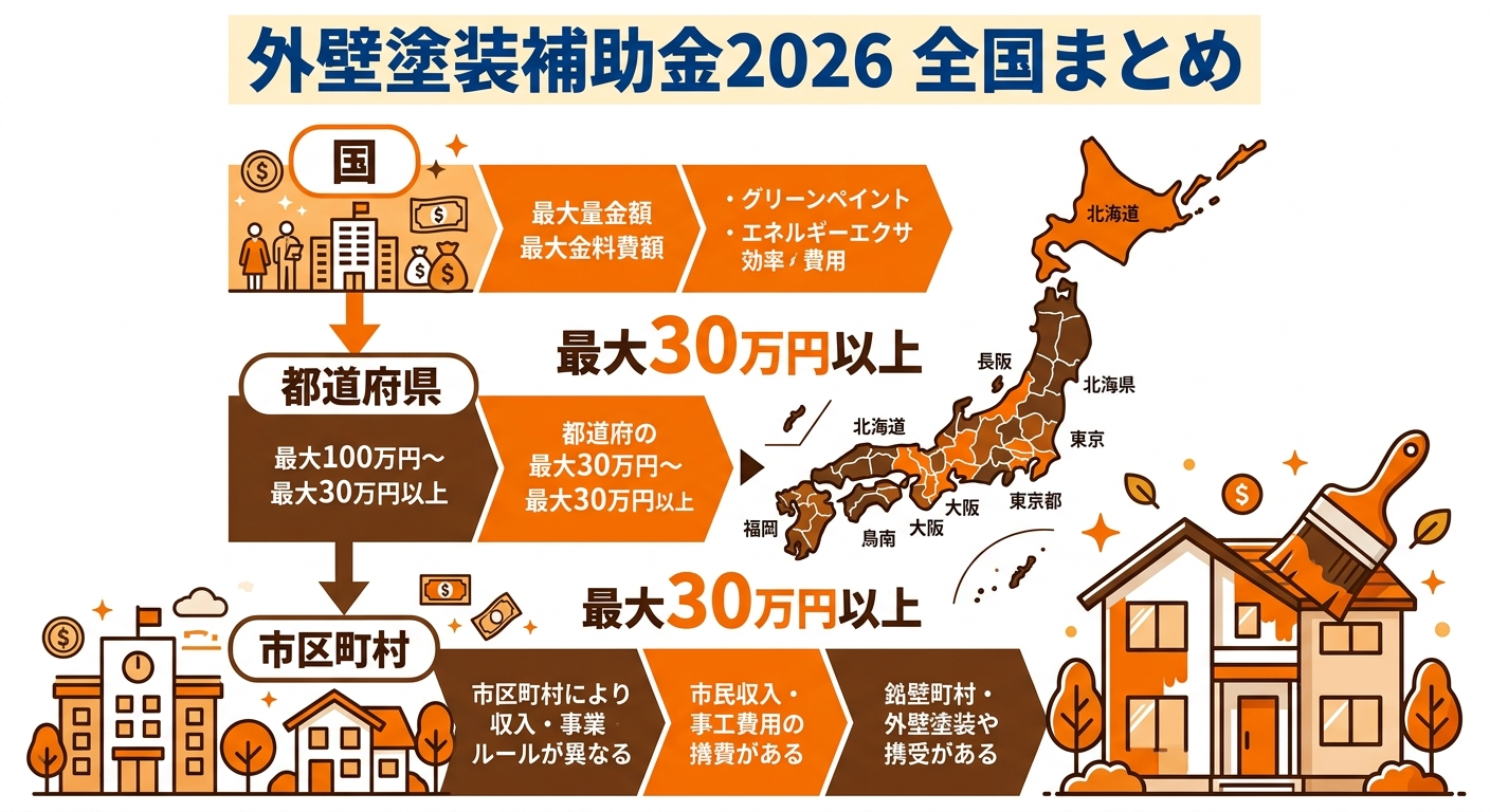 外壁塗装補助金2026 全国まとめ｜国・自治体で最大いくら？の補助金解説図