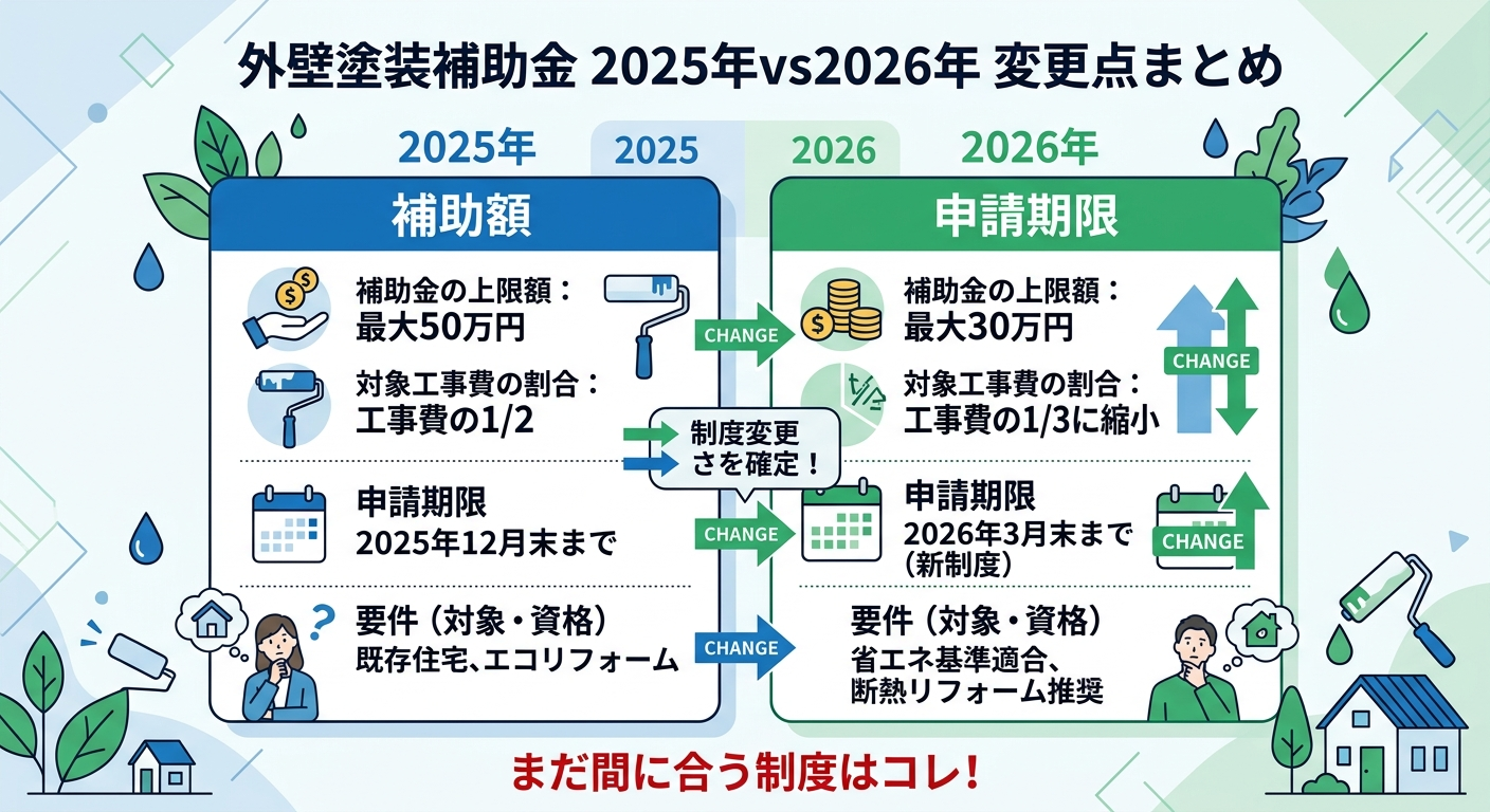 外壁塗装 補助金 2025年度版｜まだ間に合う制度と2026年への変更点まとめの補助金解説図