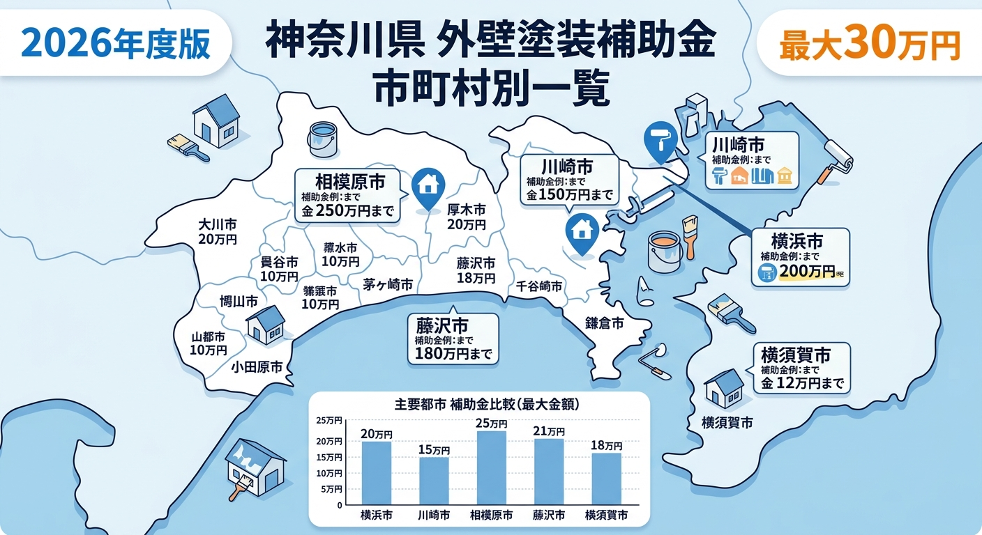 外壁塗装 補助金 神奈川県2026｜市町村別の補助額・申請条件・手順を完全網羅の補助金解説図