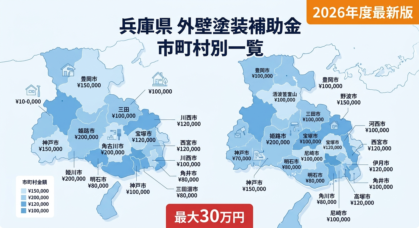 外壁塗装 補助金 兵庫県2026｜市町村別の補助額・申請条件・手順を完全網羅の補助金解説図