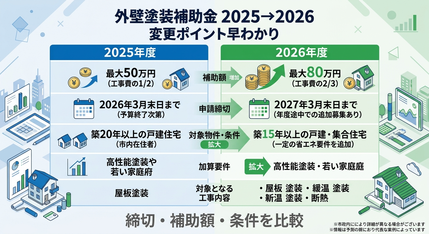 外壁塗装 補助金 2025年はまだ間に合う？2026年制度との違い・駆け込み申請ガイドの補助金解説図