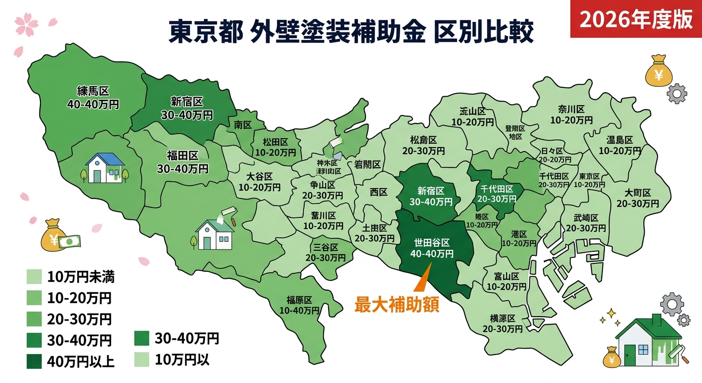 外壁塗装 補助金 東京都2026｜23区+市部の補助額一覧・申請条件・最新スケジュール完全ガイドの補助金解説図