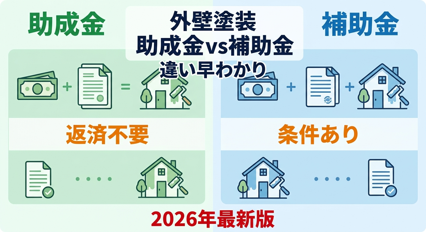 外壁塗装 助成金 2026年｜補助金との違い・全国の最新制度・申請条件・併用術を総まとめの補助金解説図