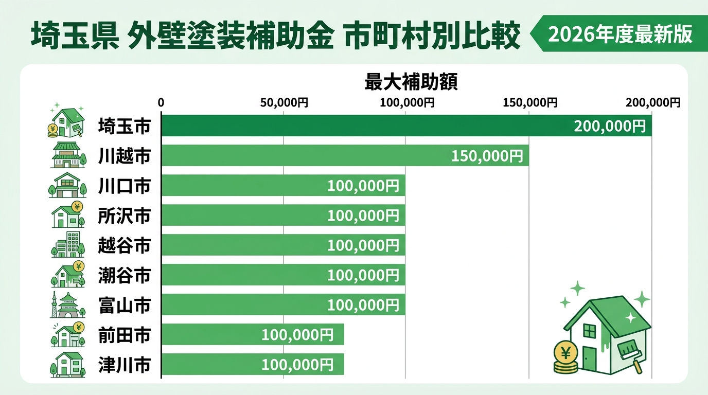 外壁塗装 補助金 埼玉県2026｜市町村別の補助額・申請条件・手順を完全網羅の補助金解説図