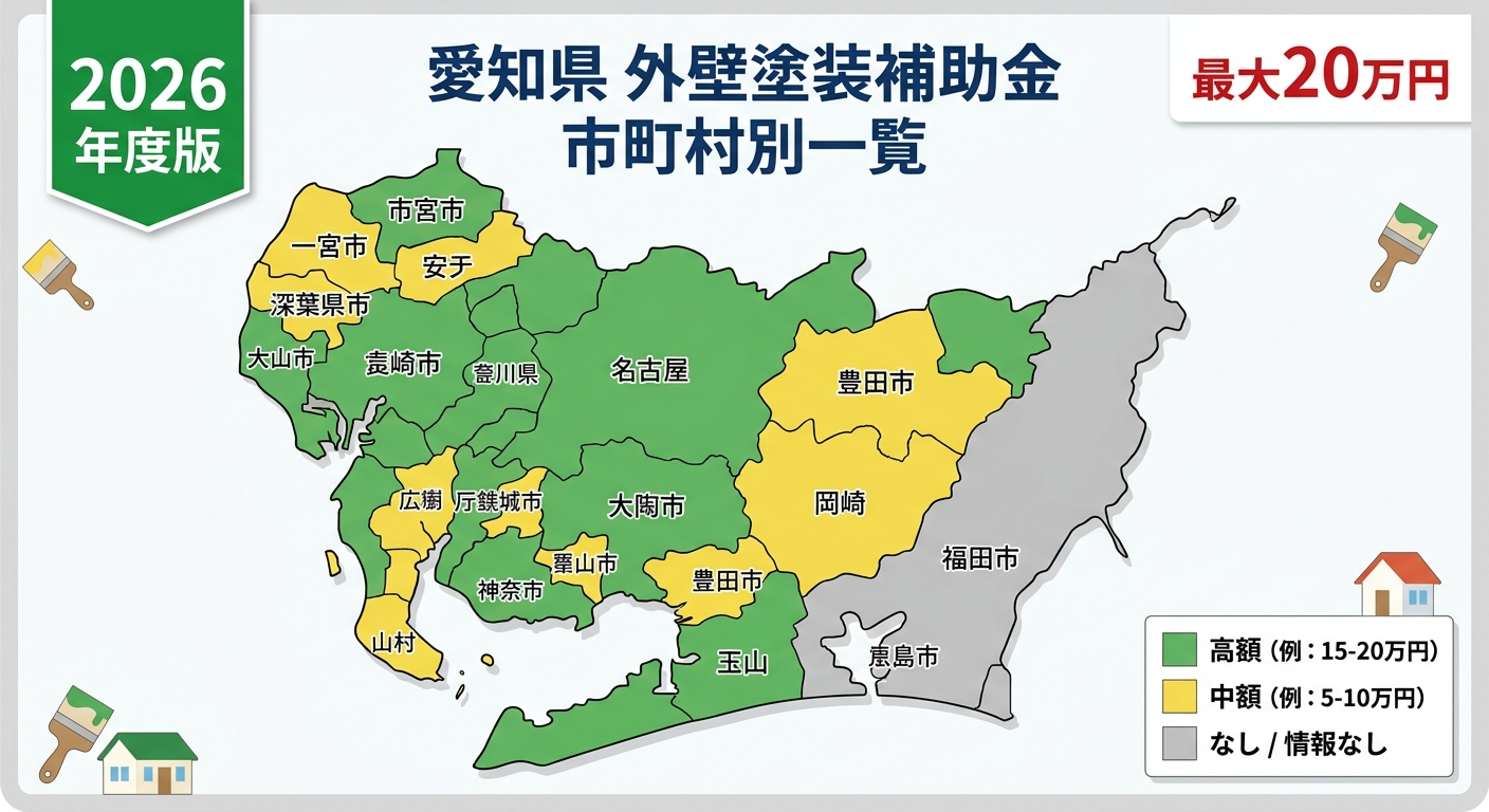 外壁塗装 補助金 愛知県2026｜市町村別の補助額・申請条件・手順を完全網羅の補助金解説図