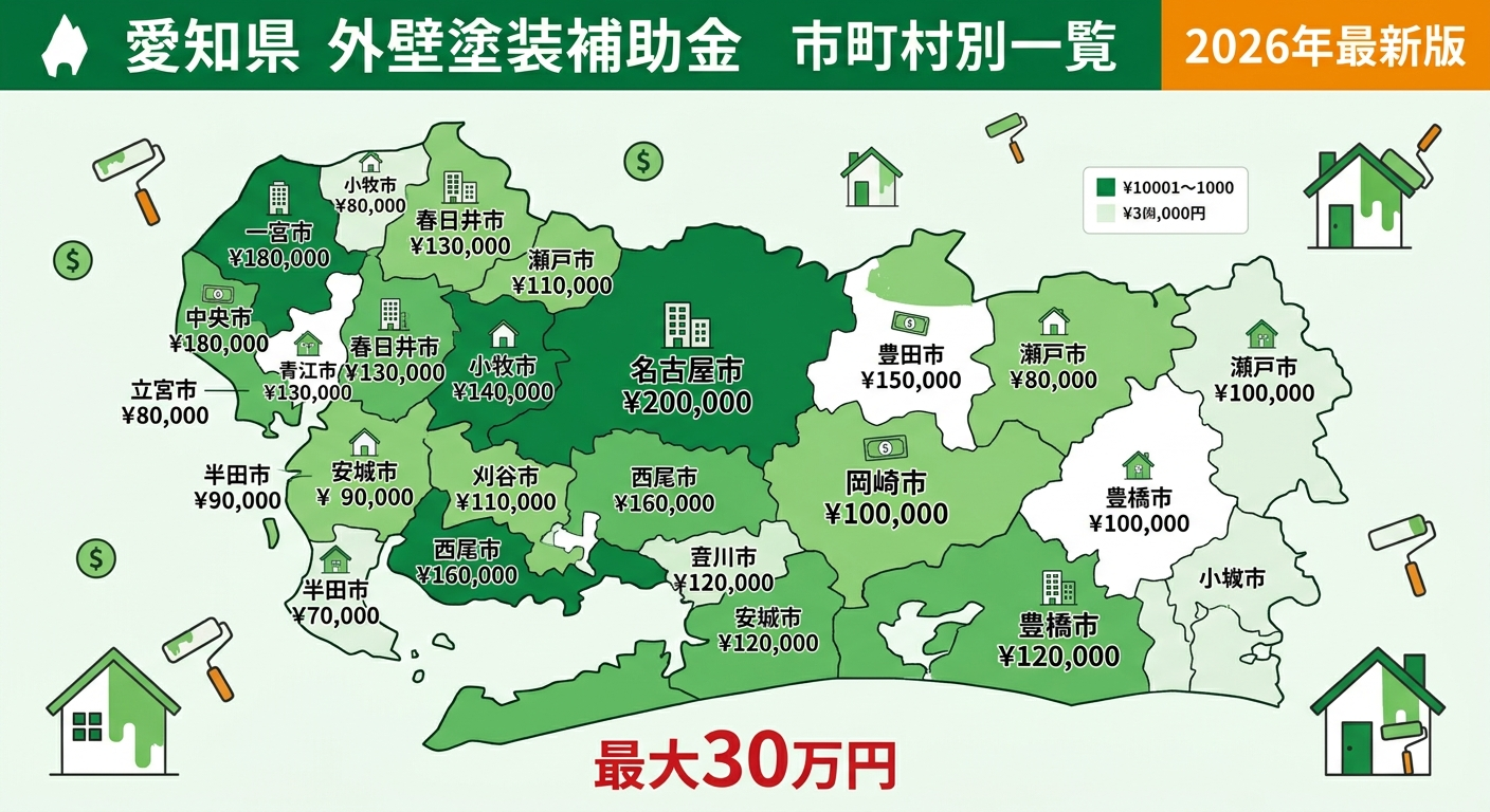 外壁塗装 補助金 愛知県2026｜市町村別の補助額・申請条件・手順を完全網羅の補助金解説図