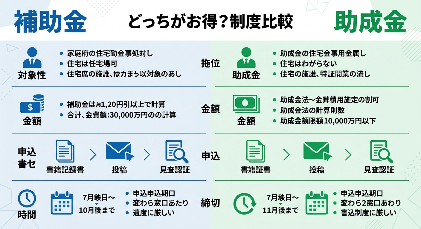 外壁塗装 補助金と助成金の違い2026｜どちらがお得？制度比較・金額差・申請先の選び方ガイドの補助金解説図