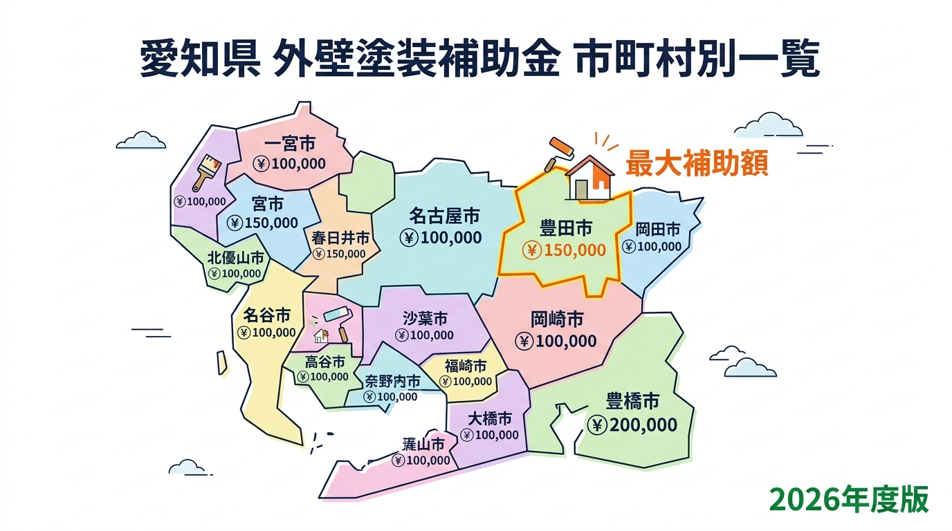 外壁塗装 補助金 愛知県2026｜市町村別の補助額・申請条件・手順を完全網羅の補助金解説図