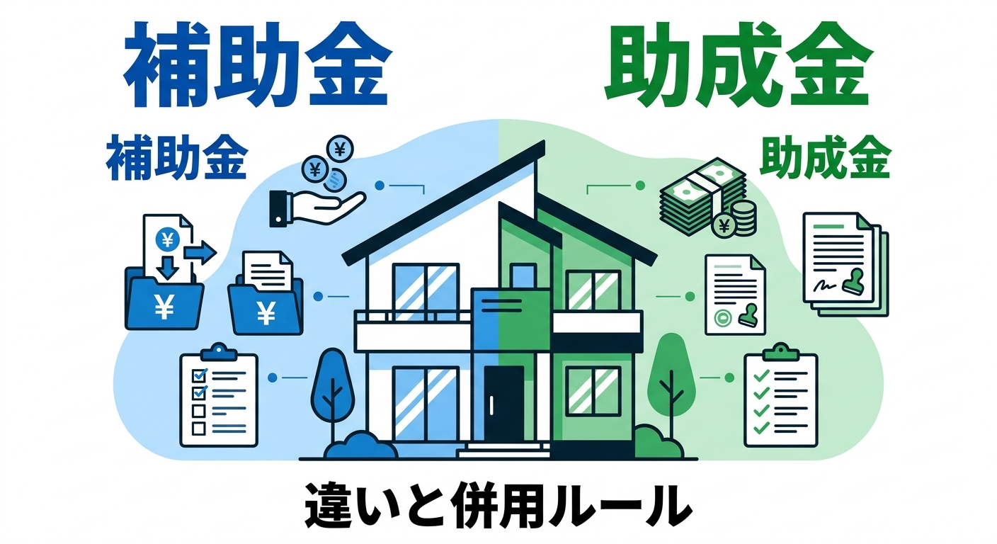 外壁塗装 補助金と助成金の違い2026｜併用ルール・申請順序・最大受給額をわかりやすく解説の補助金解説図