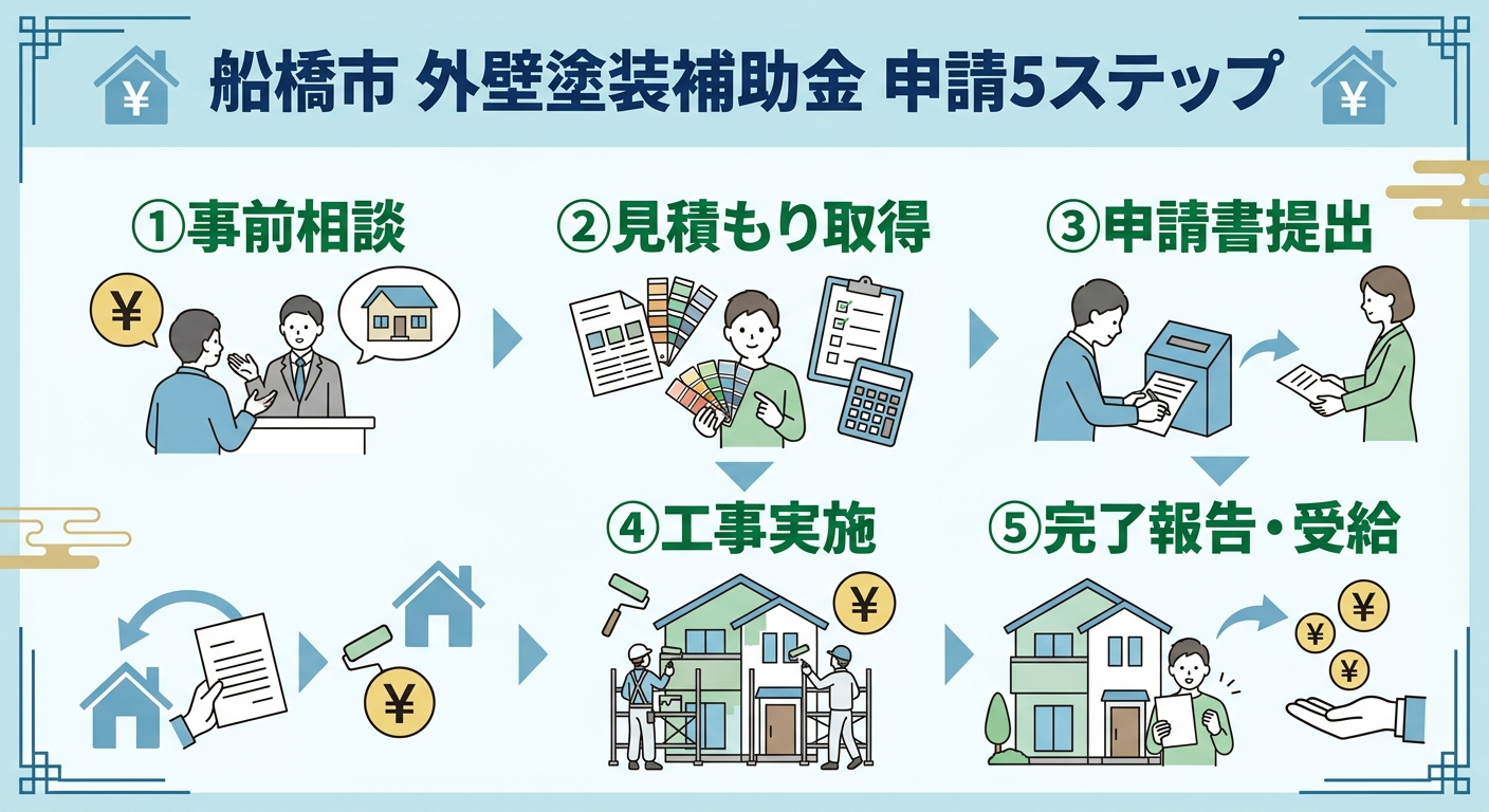 外壁塗装 補助金 船橋市2026｜補助額・申請条件・手順と併用で最大いくら安くなるか解説の補助金解説図
