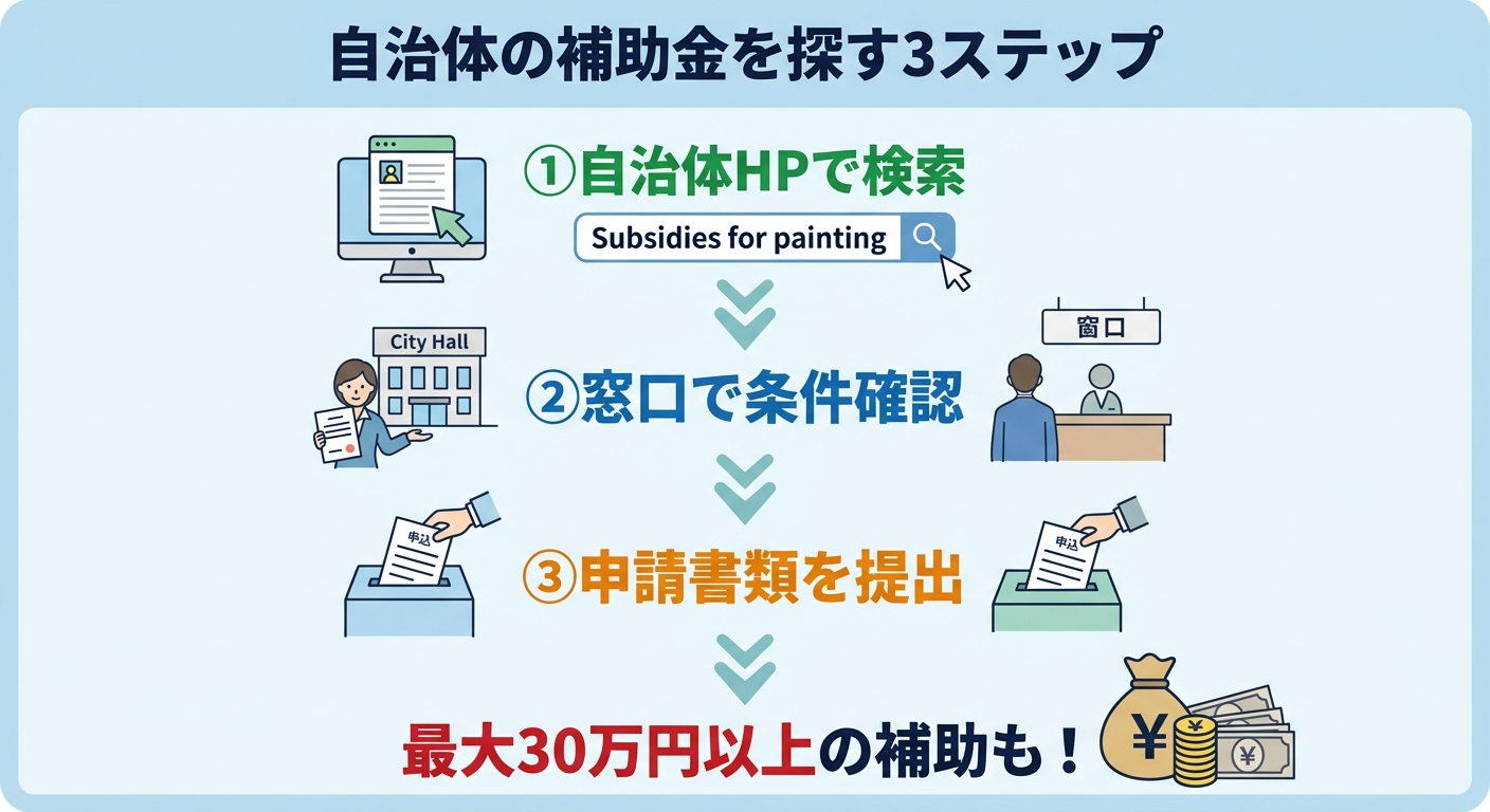 外壁塗装 補助金 自治体2026｜都道府県・市区町村の制度を探す方法と申請のコツ完全ガイドの補助金解説図