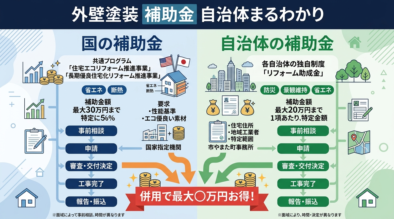 外壁塗装 補助金 自治体2026|国との違い・対象条件・申請手順・併用で最大いくら得する?の補助金解説図