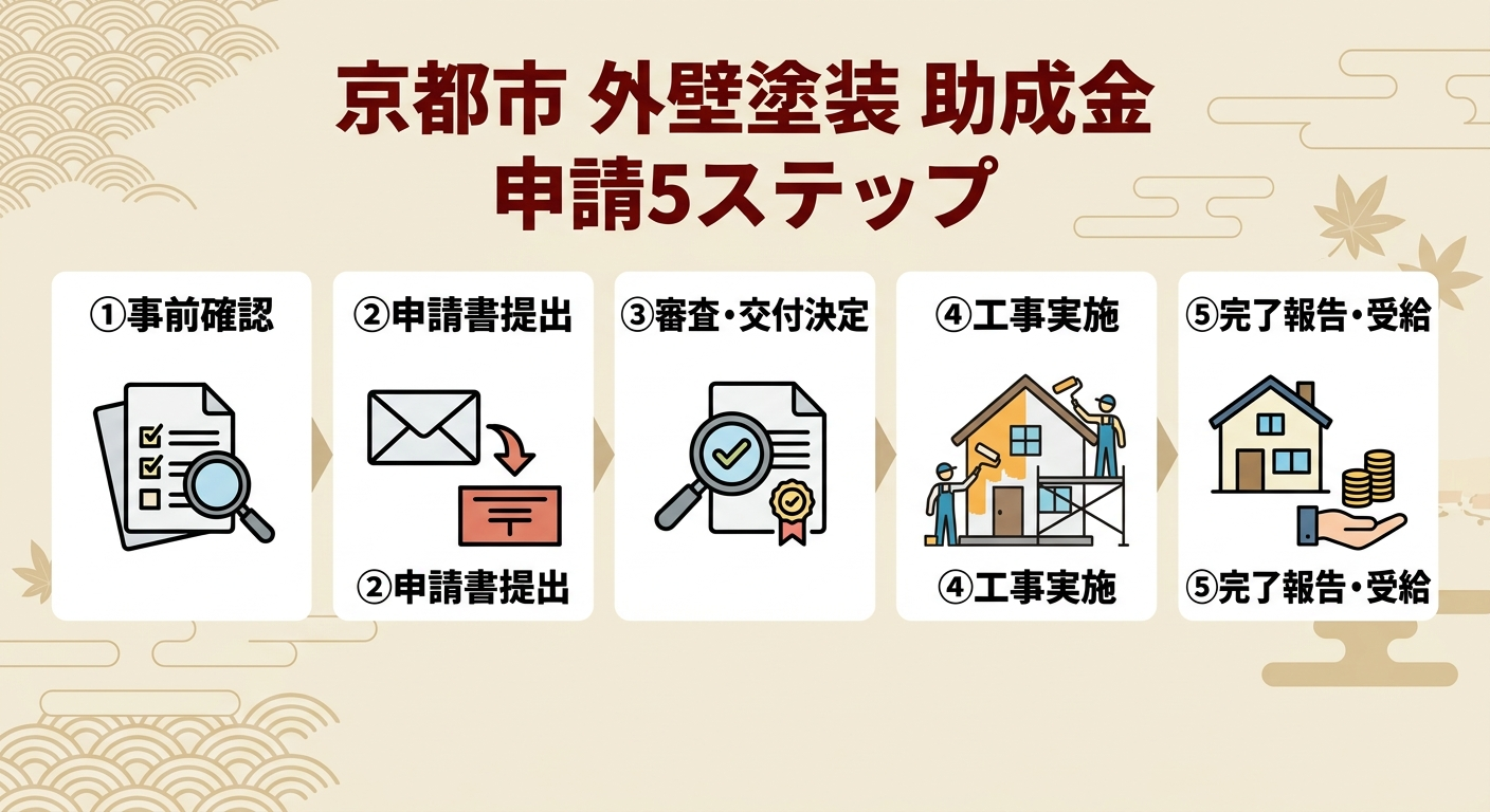 外壁塗装 助成金 京都市 2026｜補助額・申請条件・手順と市独自制度をわかりやすく解説の補助金解説図