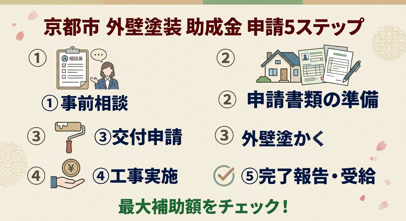 外壁塗装 助成金 京都市 2026｜補助額・申請条件・手順と使える制度を徹底解説の補助金解説図