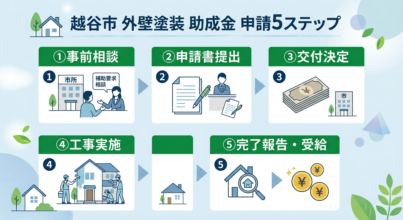 越谷市 外壁塗装 助成金 2026|補助額・申請条件・手順と併用テクニックを徹底解説の補助金解説図