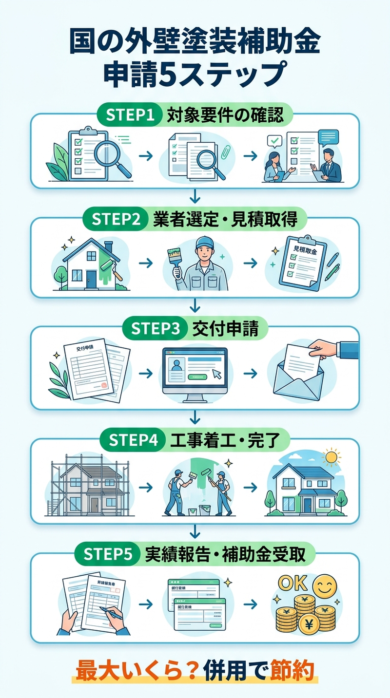 外壁塗装 補助金 国の制度だけで最大いくら？2026年度の対象条件・申請手順・自治体併用シミュレーションの補助金解説図