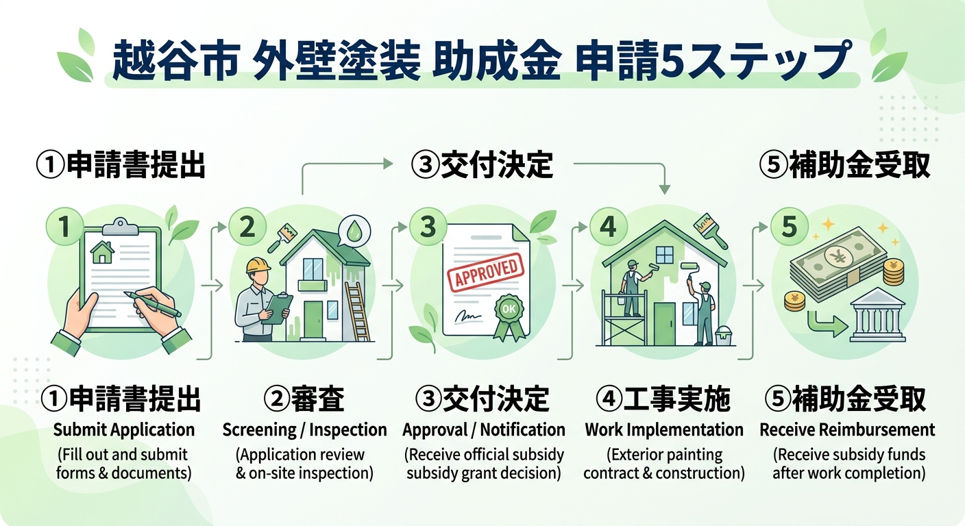 越谷市 外壁塗装 助成金2026｜補助額・申請条件・手順と併用テクニックを徹底解説の補助金解説図