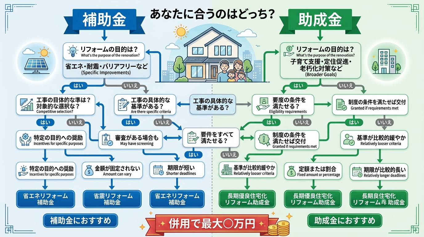 外壁塗装 補助金と助成金どっちが得?2026年版 使い分け&併用チェックリストの補助金解説図